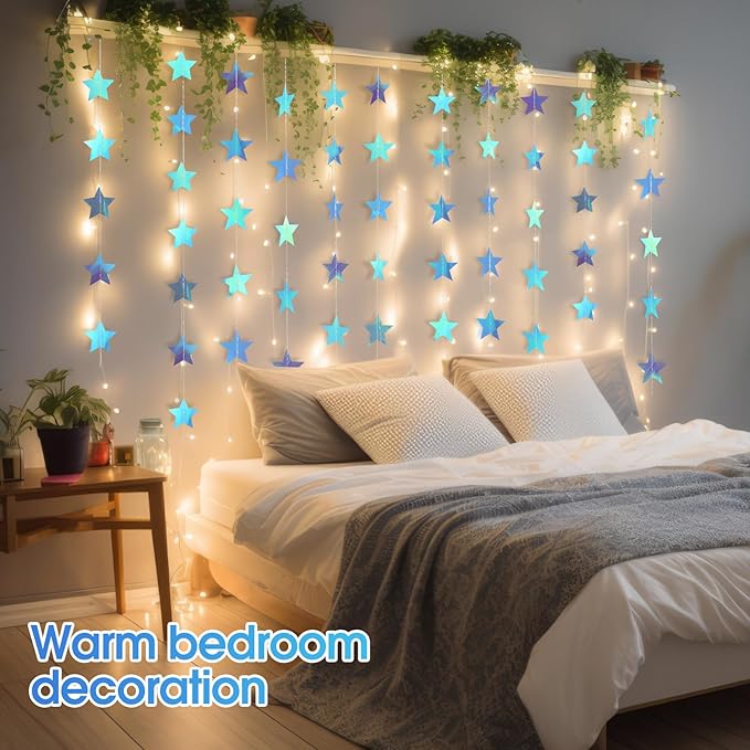 Patelai Glitter Star Garland Banner New Years Decor 130 Feet Star Hanging Banner Twinkle Backdrop for Birthday Classroom Wedding Halloween Christmas Party Supplies(Iridescent Blue)