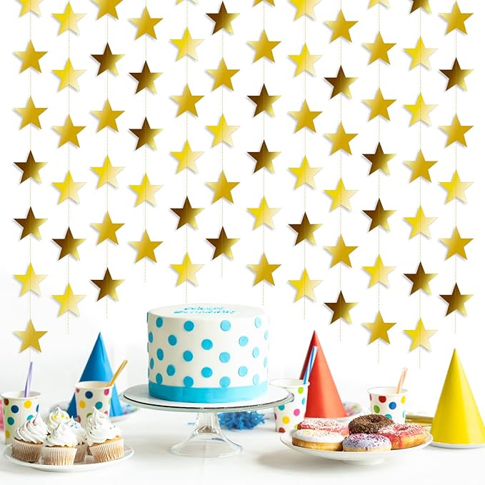 158 Feet 12 PCS Glitter Gold Star Garland Banner Decoration, Reflective Sparkle Little Star Paper Hanging Decor Double Side Star Streamer Bunting for Party Wedding Christmas Birthday Festival