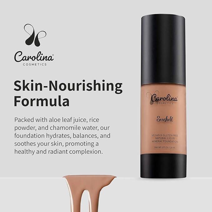 Carolina Cosmetics - Plant-Based Foundation in Seashell Shade - Hydrating, Pore-Minimizing & Buildable Coverage - Vegan, Non-GMO, Gluten-Free, Paraben-Free- Sun Protection - 1Fl Oz