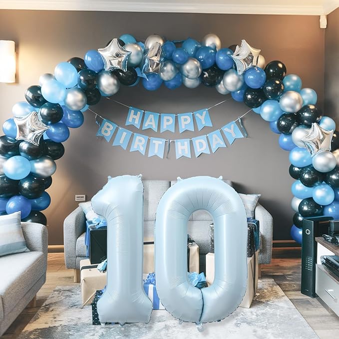 40 Inch 10 Balloon Number, Large Pastel Matte Baby Blue Foil Number 10 Balloons Birthday Party Decor, Light Powder Blue Helium Mylar Self Inflating Balloon for Boy 10th Birthday Anniversary Decoration
