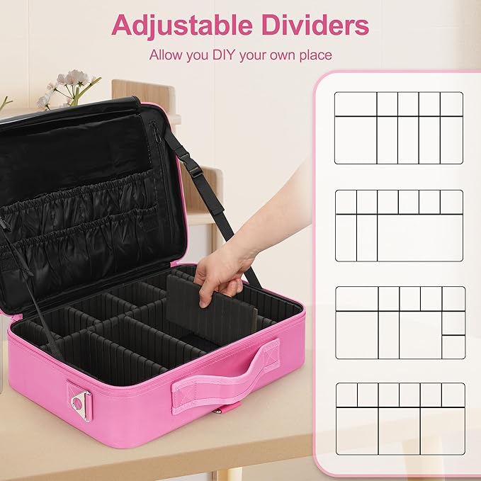 Relavel Makeup Case Large Makeup Bag Professional Train Case Travel Cosmetic Organizer Brush Holder Waterproof Makeup Artist Storage Box, 3 Layer Large Capacity, with Adjustable Strap, Rose Pink