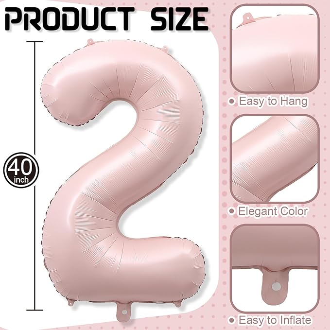 40 Inch 2 Balloon Number, Large Dusty Baby Pink Foil Number 2 Balloons Birthday Party Decor, Light Blush Matte Pink Mylar Helium Self Inflating Two Balloon for Girl 2nd Birthday Baby Shower Decoration