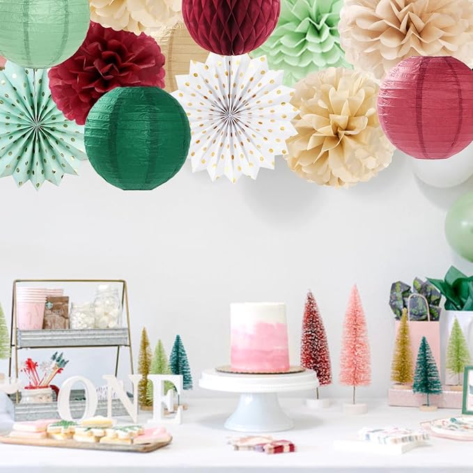 Sage-Olive Green Burgundy Champagne-Gold Party-Decorations - 14pcs Birthday Boho Paper Lanterns Fan Streamers,Tissue Pom Poms, Christmas Baby Bridal Shower Wedding Engagement Decor Lasting Surprise