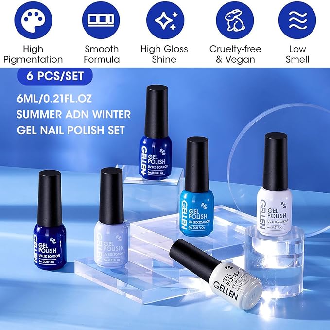 GELLEN Blue Gel Nail Polish Set, UV Gel Polish Baby Navy Cobalt Blue White Glitter Summer Winter Bright 6 Colors Set, Long Lasting No Wipe Soak Off Glossy Manicure Gifts for Women Girls Christmas