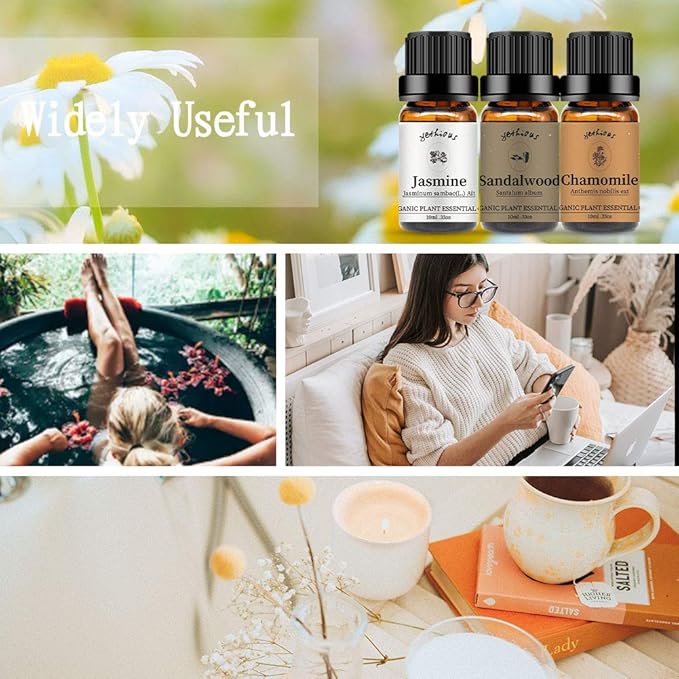 yethious Jasmine Chamomile Sandalwood Essential Oil Set Organic 100% Pure 3 Pack Chamomile Essential Oils for Aromatherapy & Diffuser
