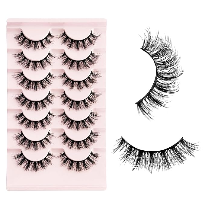 Short Lashes Natural Look Mink Lashes Fluffy Wispy Lashes 14mm Strips Russian D Curl NINGLASH False Eyelashes Cat Eye Lash that Look Like Extensions Fake Eyelash Faux 3D 7 Pairs Lash Pack