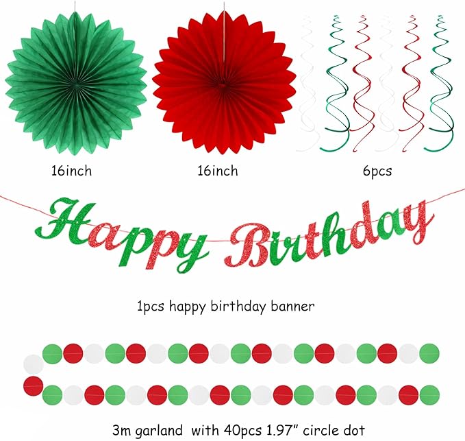 Red White Green Mexican Christmas Birthday Party-Decorations - 21pcs Happy Banner,Paper Lanterns Honeycomb,Tissue Pom Poms Flower Fan,Italian Kids Classroom Hanging Streamers Garland Decor Huglony
