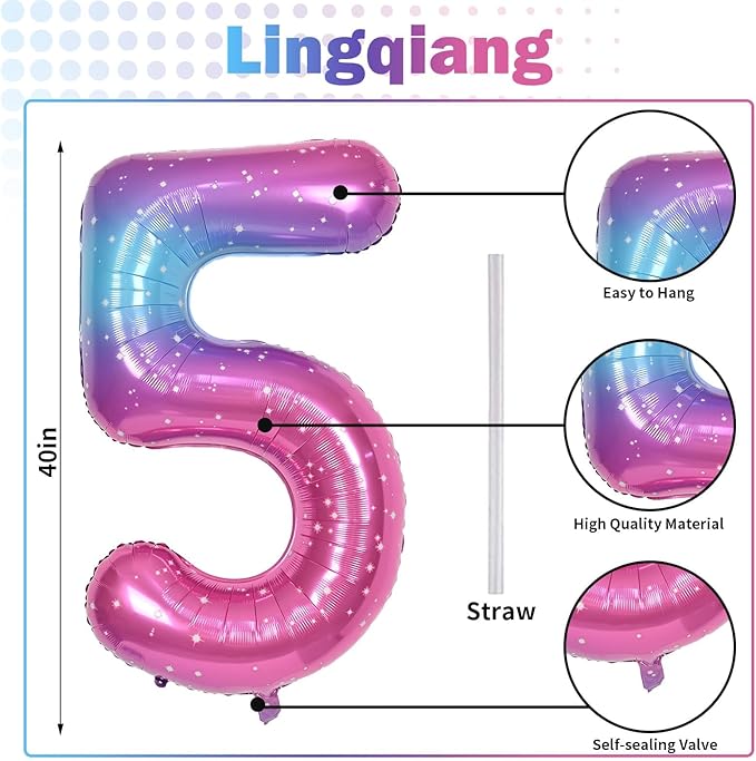 Rainbow Gradient Number 5 Balloon for Girls, 40 Inch Large Blue Pink Purple Number 0-9 Foil Mylar Helium Digital 5 Balloons Set for Women Birthday Anniversary Party Decorations Celebration Supplies