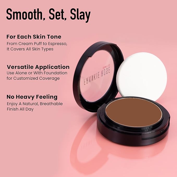 Frankie Rose Cosmetics Powder Foundation – Full Coverage Face Powder For Pores & Imperfections, Evens Out Skin Tone & Shine-Control | 58 Grams (Espresso)