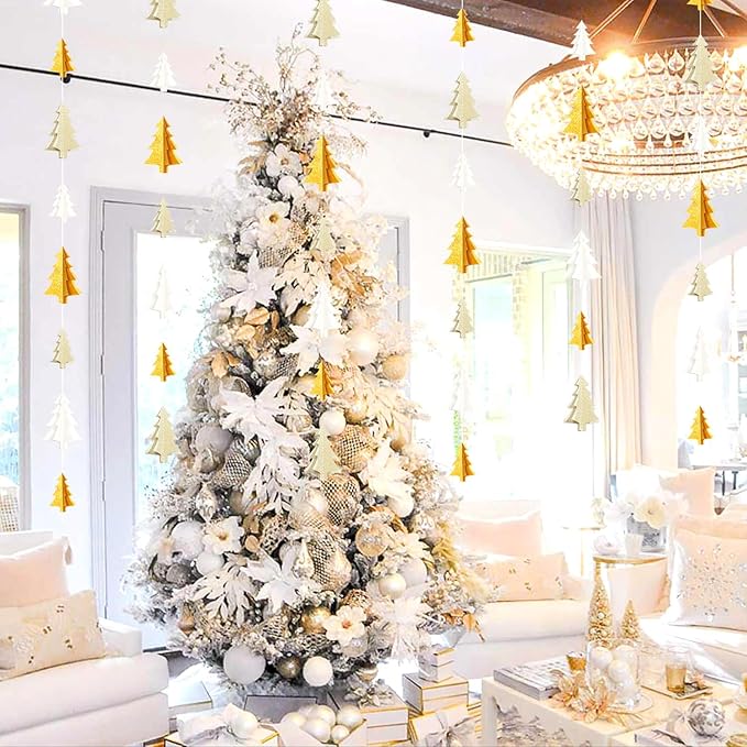 White Gold Christmas-Tree Party-Decorations Garland - 25 Ft Hanging Birthday Paper Streamers Banner,Wedding Baby Bridal Shower Bachelorette Decor Ouruola