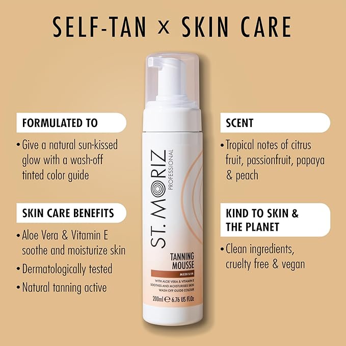 St Moriz Professional Medium Self Tanner Mousse - Sunless Instant Self Tanning Foam for a Deep, Natural Looking Fake Tan - With Aloe Vera & Vitamin E (6.76 fl oz)