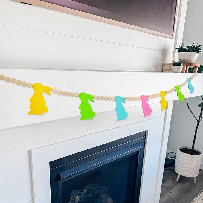 4.2 FT Easter Decorations Garland, Cute Easter Bunny Wood Bead Garland Banner for Fireplace Wall Mantle Home Indoor Outdoor Spring Decor