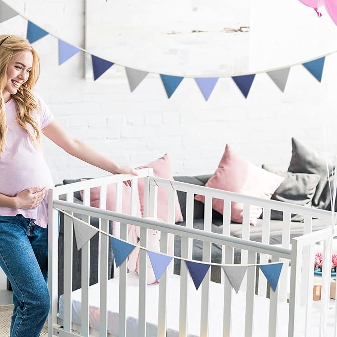 VitalCozy 17 ft Pennant Banner Flags, 2 Pcs Nursery Garland Triangle Bunting Flag Double Side Baby Banner for Boho Decor Baby Shower Birthday Wedding Party Event, Each 8.5 ft(Blue)