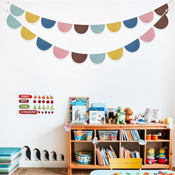 2 Sets of Boho Half Round Banner 20Pcs Nursery Garland Flags Retro Colored Fabric Linen Semicircle Streamers for Kids Birthday Baby Shower Classroom Baby Room Decor Boho Wedding Party Decorations