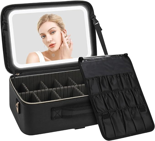 Relavel Makeup Bag with LED Mirror, Large Capacity Travel Cosmetic Organizer with Adjustable Compartments, Brush Holder & Detachable Strap, Black Storage Box for Makeup Artists