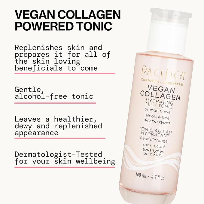 Pacifica Vegan Collagen Hydrating Milk Tonic – Alcohol-Free Milky Toner & Essence Moisturizing Vegan Collagen Face Tonic w/Hyaluronic Acid, Chamomile Jasmine All Skin Types Vegan Dermatologist Tested