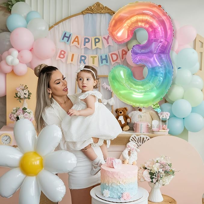 3rd Birthday Balloons for Boys, 40 Inch Foil Self Inflating Rainbow Number 3 Balloon, Large Mylar Colorful Multicolor 3 Balloon Number for Kids 3 Yeal Old Birthday Party Decor Anniversary Decorations