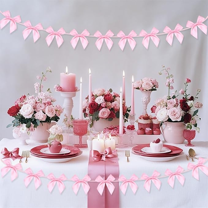 2pcs Pink Bow Garland Banner, Pink Ribbon Bow Party Decorations for Baby Shower Girls Bow Coquette Birthday Party Decor
