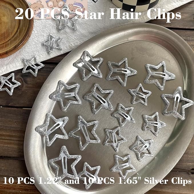 20 PCS Sparkling 1.22" and 1.65"Star Hair Clips Snap Hair Accessories Non Slip Clips for Girls Women Y2K Accessories Silver Metal Hair Clip Hair Barrettes