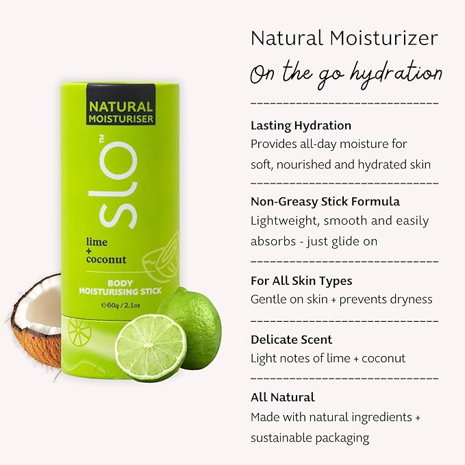 Slo Natural Moisturizing Stick | Body Balm for Dry Skin with Organic Ingredients | Hydrating + Nourishing | Coconut, Cocoa Butter & Antioxidants | Travel-Friendly | Lime + Coconut | 2.11oz/60g