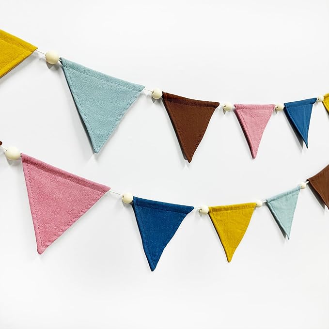 2 Sets of Wood Beads Boho Pennant Banner 20pcs Retro Colored Nursery Garland Fabric Linen Triangle Streamers Flags for Kids Birthday Baby Shower Classroom Baby Room Decor Boho Party Decorations