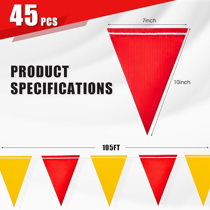 Safety Warning Pennant Banner Flags – Multipurpose OSHA High Visibility Colored Triangle Flags for Roadwork, Party and Hazard Areas(RED+YELLOW,45pcs,105FT)