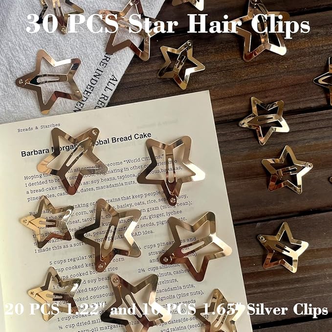 30 PCS Gold Star Hair Clips,20PCS 1.22"Star Hair Clip and 10 PCS 1.65"Star Hair Clips Snap Star Hair Accessories Non Slip Star Clips for Girls Women Gold Accessories Gold Metal Hair Clips