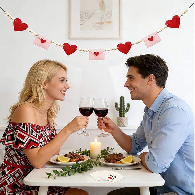 Valentines Day Decorations, Felt Heart and Envelope Garland with Wooden Beads, Valentines Day Garland for Mantle, Heart Decorations, Banner, Fireplace, Wall, Party (Heart and Envelope)