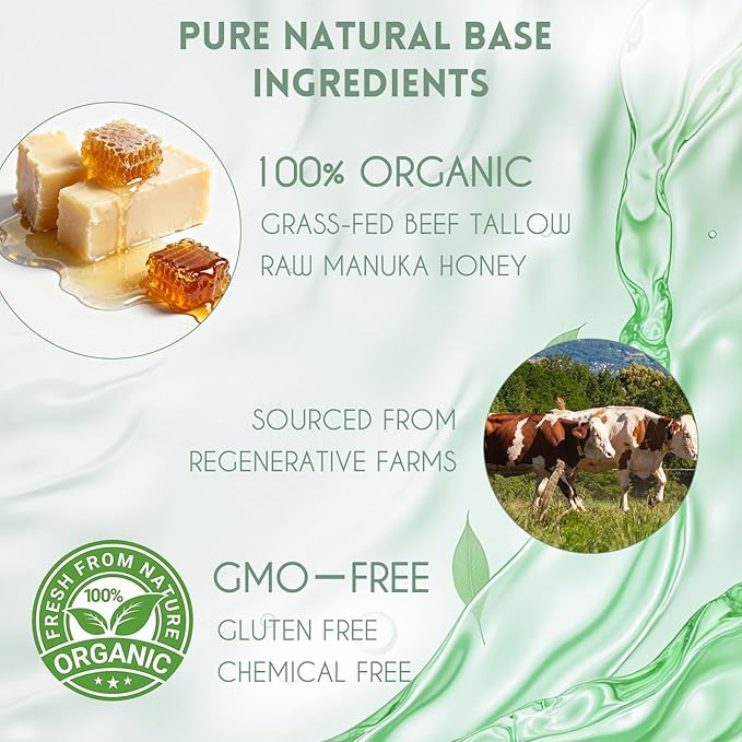 Whipped Tallow Face Moisturizer — Organic Grass Fed Beef Tallow for Skin Care, Extra-Gentle Tallow and Honey Balm for Face Moisturizing & Body Firming, Handmade All-Natural, Unscented, 2 Oz.