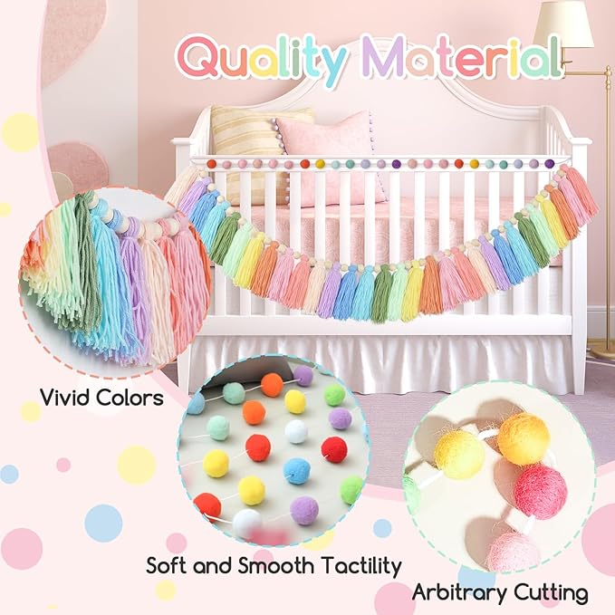 2pcs Longer Boho Tassel Garland, Pom Pom Tassel, Felt Ball Garland,Colorful Wall Hanging Party Decorative Banner Pastel, Home Decoration Wedding Birthday Baby Shower (Longer Rainbow)