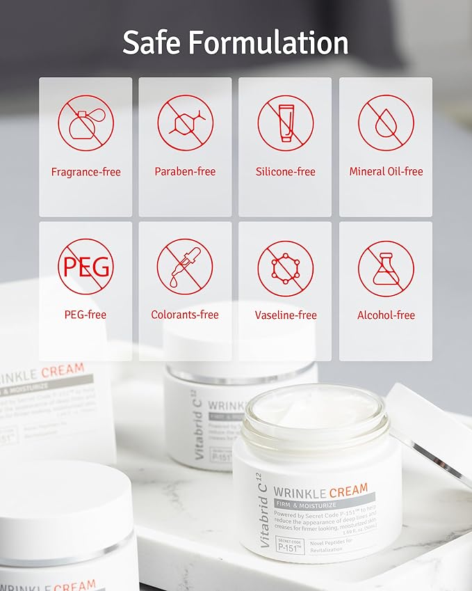 VITABRID C12 Wrinkle Cream - Age Defying Skin Recovery Moisturizer with Peptides, Vitamin C, Shea Butter - Wrinkle Repair Moisturizing Day & Night Skincare for Face and Neck - Fragrance Free, 1.69oz.