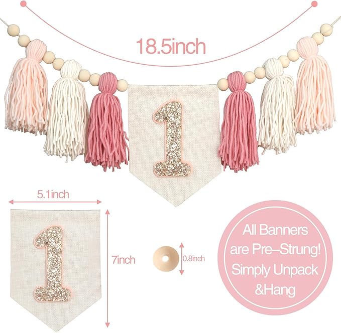 Pink Baby Girl 1st Highchair Banner Wood Bead Tassel Garland Conical Cap Bling Cake Topper Birthday Party Decorations