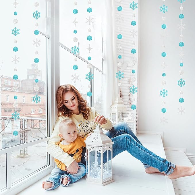 Snowflake-Snow Teal-Silver Christmas Party-Decorations Streamers - 52Ft White Winter Wonderland Frozen Hanging Paper Garland Banner,Birthday Wedding Baby Bridal Shower New Year Supplies Decor Hugtmr