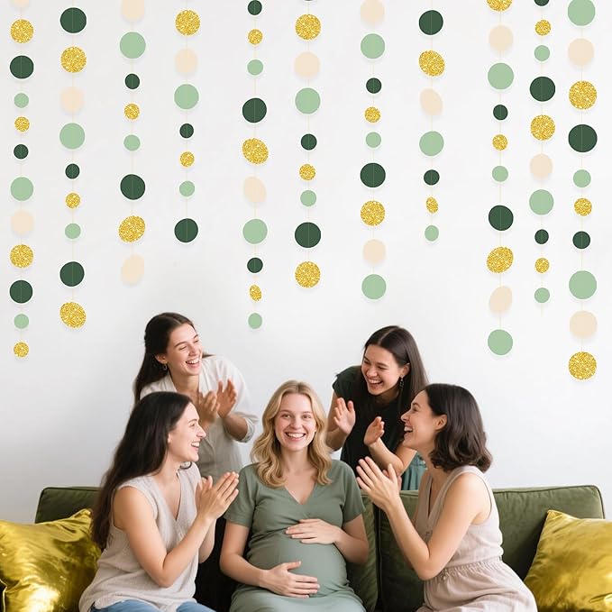 Sage Green Gold Beige Party Polka Dot Garlands Oilve Green Glitter Gold Hanging Paper Circle Dots Streamer for Baby Shower Birthday Wedding Engagement Retirement Boho Safari Party Decorations Supplies