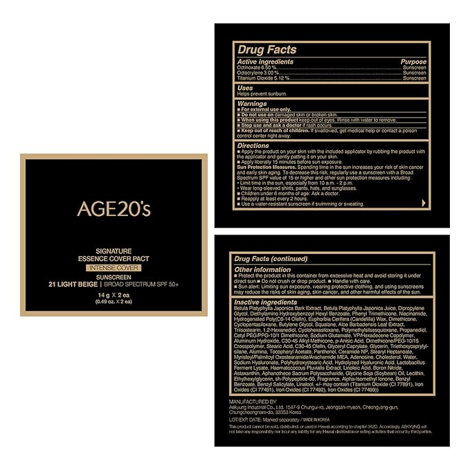 AGE20'S Signature Essence Pact SPF 50+ | Pack of 2 | 21 Light Beige | Cream Foundation, Dewy Finish, Natural Coverage | Korean Cushion Foundation