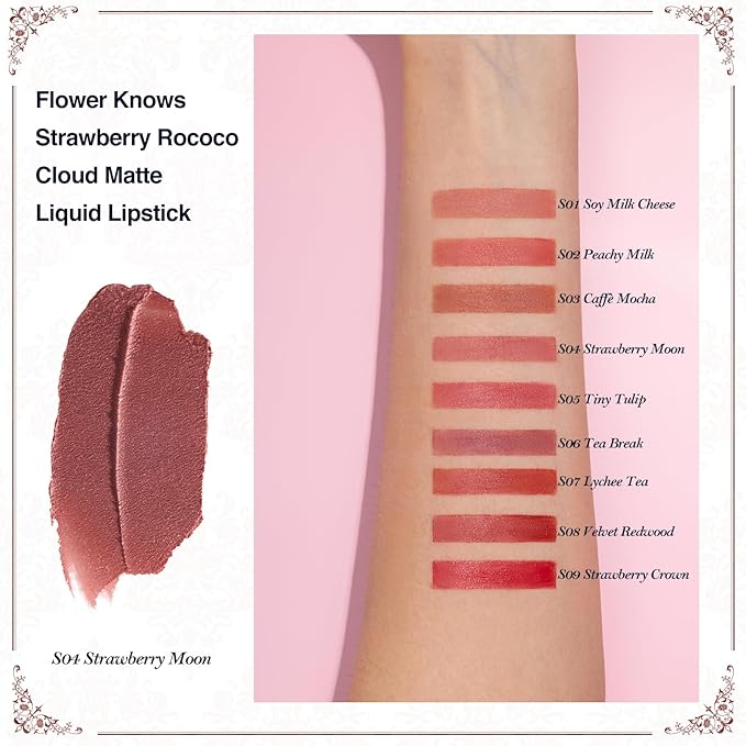 Flower Knows Strawberry Rococo Cloud Lip Cream,Long Lasting Soft Pink Matte Lipstick,Hydrating Lip Stain,Transfer & Smudge Proof Velvet Liquid Lipstick for Girls&Women,0.12 Fl Oz(S04 Strawberry Moon)