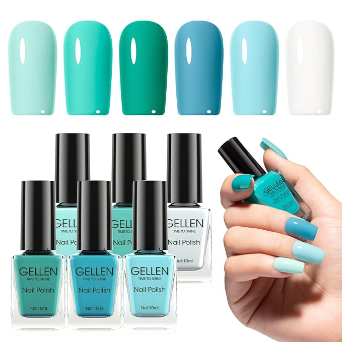 GELLEN Teal Regular Nail Polish Non Gel, Fast Air Drying Mint Turquoise Nail Polish No UV Light Needed Spring Summer 6 Colors Blue Green Set for Women Girls Manicure Home Salon, Hema Free, 0.33 Fl.Oz