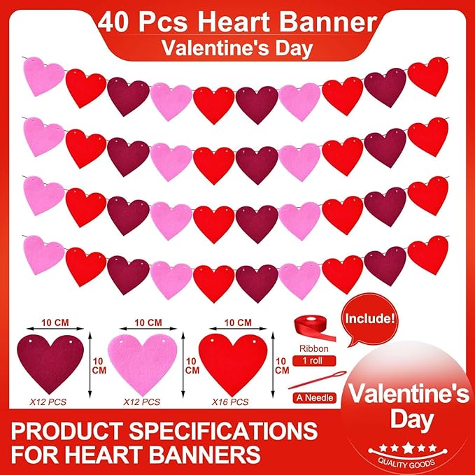 4 Pack Felt Heart Garland Banners,Felt Red Pink and Hot Pink Valentines Day Heart Decorations,Valentines Felt Heart Garland Banner for Valentines Day Anniversary Wedding Party Decorations Supplies