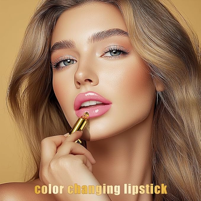 Color Changing Lipstick-Transferproof, Gold Crystal Ph Color Changing Lipstick, Clear Lip Stick That Changes Color, Moisturizing Glossy Shine Lip Balm, Hydrating Non-Sticky Lip Gloss for Women