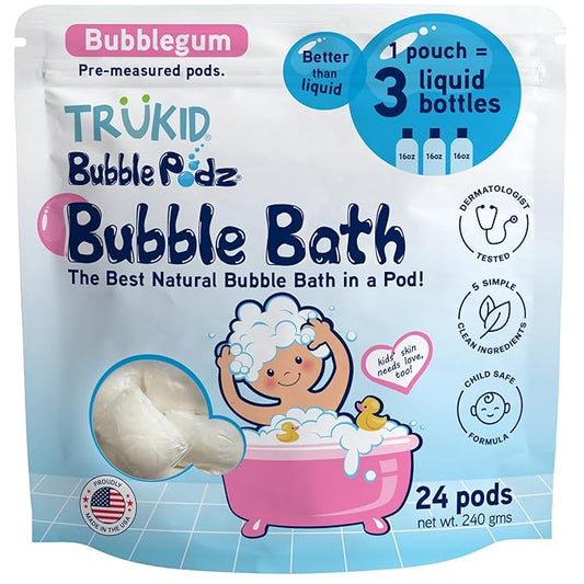 TruKid Bubble Podz Bubble Bath for Kids, Toddlers, & Babies, Tear Free Gentle & Refreshing Bath Bomb for Sensitive Skin with Natural Moisturizers, Non-Toxic, pH Balanced, Bubble Gum Scent (24 Podz)