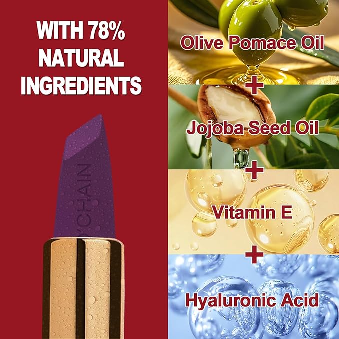 O'CHAIN Dark Purple Matte Lipstick, Long Lasting Full Coverage Non-Transfer Lipstick for Women Infused with Jojoba Oil and Vitamin E, Cruelty-Free & Vegan (14 ARIA) 0.12 Oz