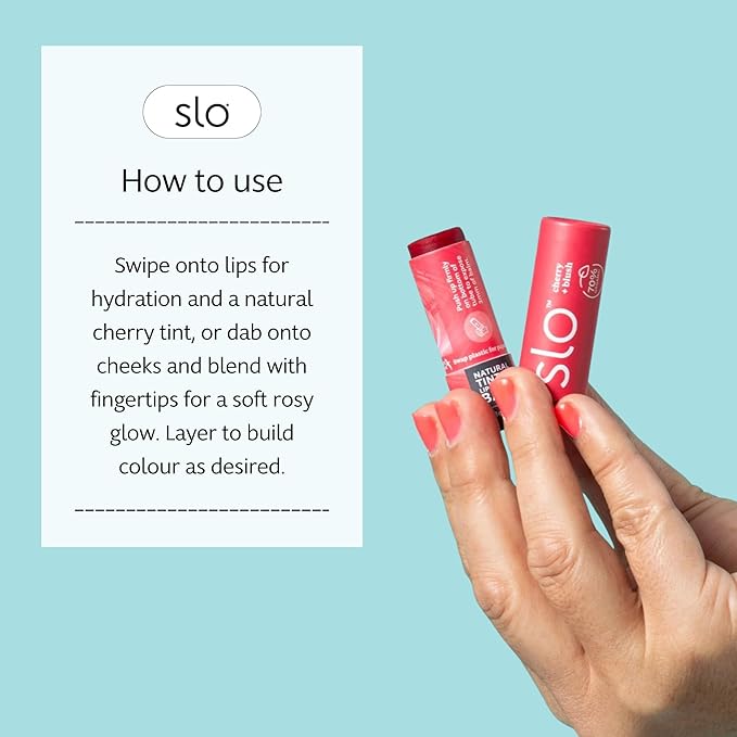 Slo | Natural Tinted Lip and Cheek Balm - All Natural Ingredients, Vegan & Cruelty Free, Hydrating & Soothing, Plastic Free, Paper Packaging | Cherry Blush, (0.28oz/8g)
