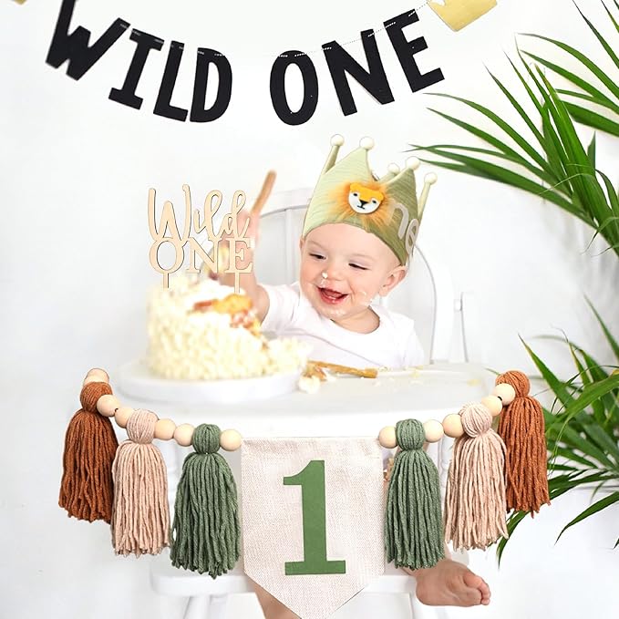 Wild One 1st Highchair Banner Wood Bead Tassel Garland Lion Crown Hat Wooden Cake Topper Birthday Party Decorations