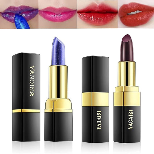 2 Pcs Magic Black Blue Lipstick Set, Shimmer Color Changing Lipstick(Blue Changed into Pink,Black Change into Brick Red),Natural Moisturizing Lip Balm Labiales Magicos Nutritious Lazy Lipstick