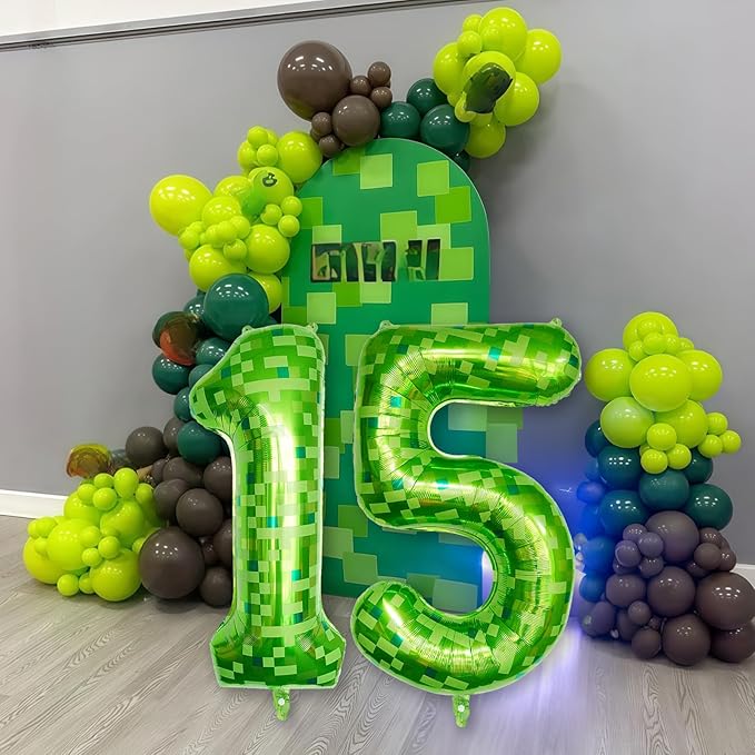 40 Inch Green Pixel Number 15 Balloon for 15th Birthday Decorations, Large Dark Kelly Lime Green Self Inflating Foil 15 Balloon Number for Boy 15 Year Old Birthday Party Video Game Patrick's Day Decor