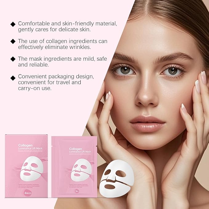 4PCS Collagen Glow Mask, Bio-Collagen Face Mask, Overnight Deep Hydrating Collagen Mask, Wrinkle Reduction & Elasticity,Pore Minimization, Collagen Mask for Glowing Skin