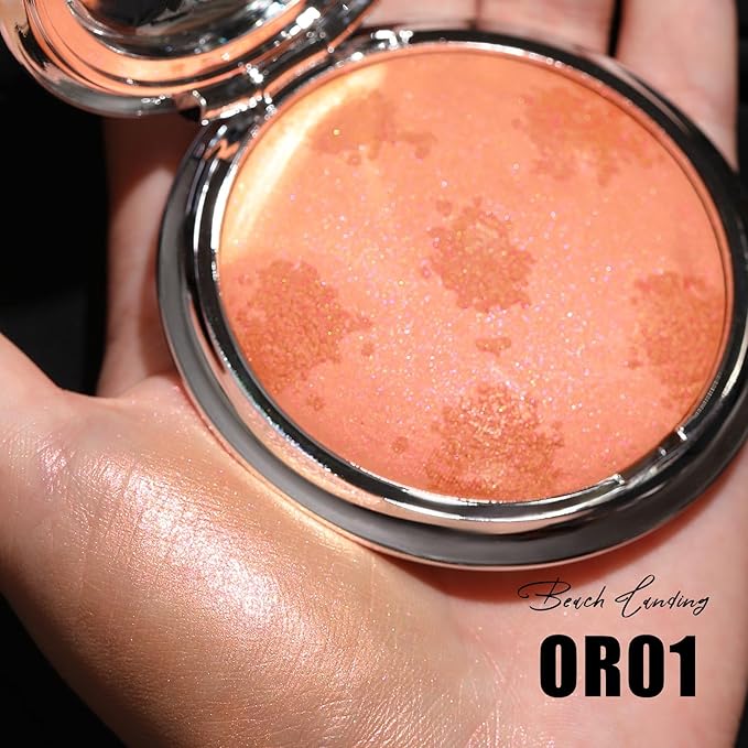 FOCALLURE Shimmer Face Highlighter Makeup Powder, Gel to Powder Glow Finish, Leaving a Lightweight & Healthy Radiance, Long Lasting Luminous Face Body Highlighter Makeup,OR01 Beach Landing