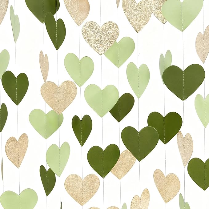 Sage Green Champagne Gold Heart Party Decorations Glitter Champagne Gold Paper Olive Green Love Heart Hanging Garland Banner Streamer for Birthday Baby Shower Wedding Anniversary Valentines Day Party