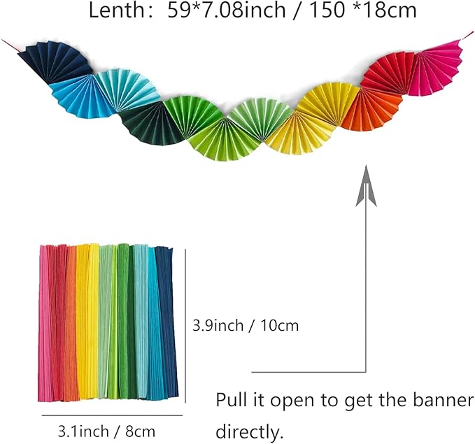 Banner Garland Fan-Shaped, Rainbow Colors Wall Decor Party Decorations for Birthday Wedding College Nurse Graduation Christmas Holiday, Festive Supplies