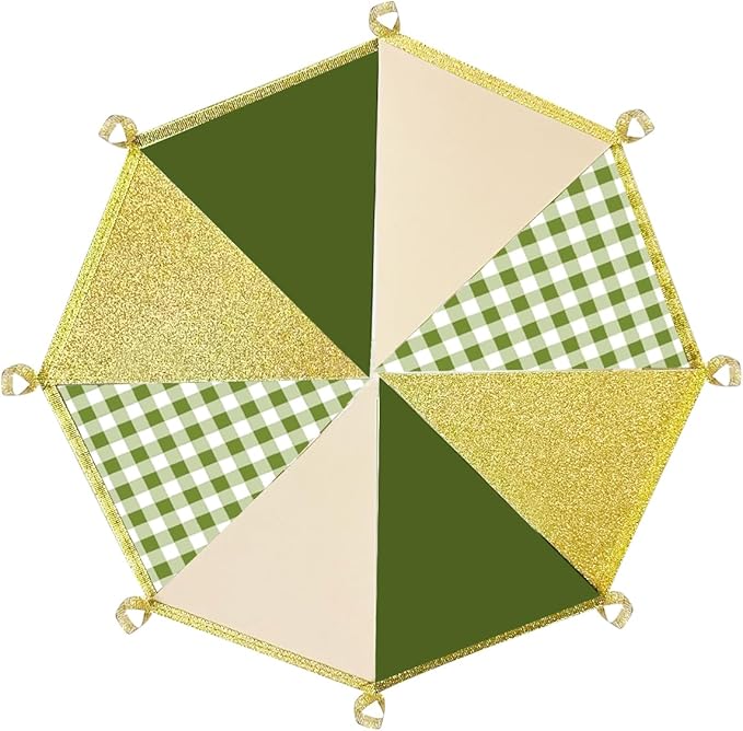 Sage Green Gold Buffalo Plaid Pennant Banner Flag Oilve Green Gold Hanging Glitter Paper Triangle Bunting for Birthday Neutral Baby Shower Wedding Safari Jungle Woodland Party Decorations Supplies